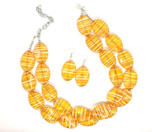 Load image into Gallery viewer, Orange White Statement Jewelry Set, big Beaded Chunky necklace bracelet earrings, multi Strand wedding, orange bridesmaid necklace