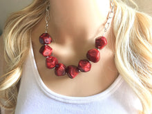 Load image into Gallery viewer, Creamy Red Statement Necklace & Earrings, red jewelry, Your Choice GOLD or SILVER, red bib chunky necklace, deep scarlett red necklace