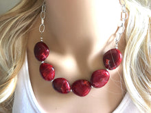 Load image into Gallery viewer, Creamy Red Statement Necklace & Earrings, red jewelry, Your Choice GOLD or SILVER, red bib chunky necklace, deep scarlett red necklace