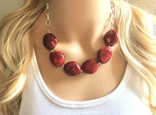 Load image into Gallery viewer, Creamy Red Statement Necklace & Earrings, red jewelry, Your Choice GOLD or SILVER, red bib chunky necklace, deep scarlett red necklace