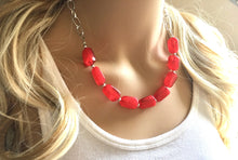 Load image into Gallery viewer, Cherry Red Statement Necklace & Earrings, red jewelry, Your Choice GOLD or SILVER, red bib chunky necklace, bright red necklace resin lucite