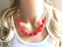 Load image into Gallery viewer, Cherry Red Statement Necklace & Earrings, red jewelry, Your Choice GOLD or SILVER, red bib chunky necklace, bright red necklace resin lucite