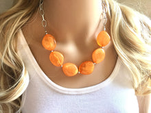 Load image into Gallery viewer, Creamy Orange Statement Necklace & Earring set, orange jewelry, Your Choice of GOLD or SILVER, orange bib chunky necklace, orange jewelry