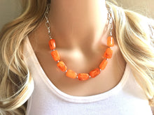 Load image into Gallery viewer, Orange Statement Necklace & Earring set, orange jewelry, Your Choice of GOLD or SILVER, orange bib chunky necklace, orange oval jewelry