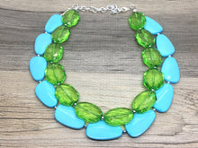 Load image into Gallery viewer, Lime & Turquoise Necklace, double strand jewelry, big beaded chunky statement necklace, blue necklace, turquoise jewelry, green jewelry
