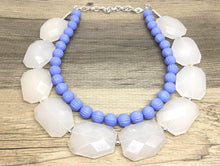 Load image into Gallery viewer, White & Periwinkle Statement Necklace, Chunky Beaded Necklace, Periwinkle Jewelry, light blue purple Necklace, blue white beaded necklace