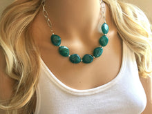 Load image into Gallery viewer, Emerald green Statement Necklace & Earrings, emerald green jewelry, Your Choice GOLD or SILVER, dark deep green bib chunky necklace forest