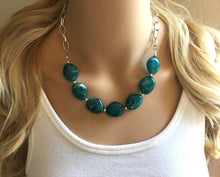 Load image into Gallery viewer, Emerald green Statement Necklace & Earrings, emerald green jewelry, Your Choice GOLD or SILVER, dark deep green bib chunky necklace forest