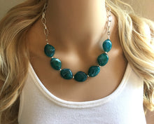 Load image into Gallery viewer, Emerald green Statement Necklace & Earrings, emerald green jewelry, Your Choice GOLD or SILVER, dark deep green bib chunky necklace forest