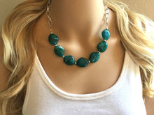 Load image into Gallery viewer, Emerald green Statement Necklace & Earrings, emerald green jewelry, Your Choice GOLD or SILVER, dark deep green bib chunky necklace forest