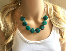 Load image into Gallery viewer, Emerald green Statement Necklace & Earrings, emerald green jewelry, Your Choice GOLD or SILVER, dark deep green bib chunky necklace forest