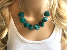 Load image into Gallery viewer, Emerald green Statement Necklace & Earrings, emerald green jewelry, Your Choice GOLD or SILVER, dark deep green bib chunky necklace forest
