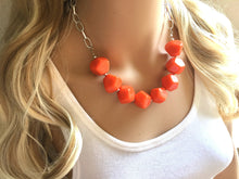 Load image into Gallery viewer, Orange Statement Necklace earring set, orange jewelry, Your Choice GOLD or SILVER, orange bib chunky necklace, bright orange round necklace
