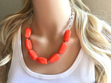 Load image into Gallery viewer, Orange Statement Necklace & earring set, orange jewelry, Your Choice GOLD or SILVER, orange bib chunky necklace, bright orange round necklac