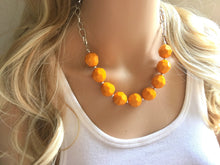 Load image into Gallery viewer, Pumpkin Halloween Orange Statement Necklace & earring set, orange jewelry, Your Choice GOLD or SILVER, orange bib chunky necklace, bright