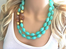 Load image into Gallery viewer, Mint Green & Gold Statement Necklace, Chunky Jewelry Big Beaded Triple Strand Necklace, light green Necklace, mint Jewelry Set, mint Beaded