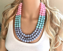 Load image into Gallery viewer, Blush Gray and Mint Statement Necklace, Triple Strand Beaded Jewelry, Chunky multi strand green pink gray jewelry, beaded bib necklace