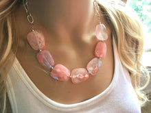 Load image into Gallery viewer, Blush Pink Statement Necklace & Earrings, pink jewelry, Your Choice GOLD or SILVER, pink bib chunky necklace, pink oval necklace, blush pink