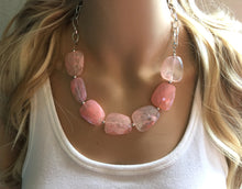 Load image into Gallery viewer, Blush Pink Statement Necklace & Earrings, pink jewelry, Your Choice GOLD or SILVER, pink bib chunky necklace, pink oval necklace, blush pink