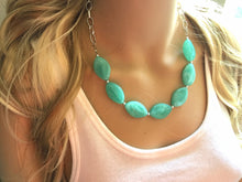 Load image into Gallery viewer, Creamy mint green Statement Necklace & Earrings, mint green jewelry, Your Choice GOLD or SILVER, green bib chunky necklace, green necklace