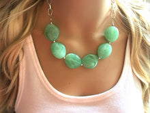 Load image into Gallery viewer, Creamy mint green Statement Necklace & Earrings, mint green jewelry, Your Choice GOLD or SILVER, green bib chunky necklace, green necklace