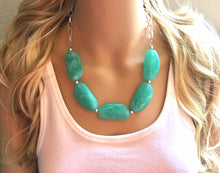 Load image into Gallery viewer, Creamy mint green Statement Necklace & Earrings, mint green jewelry, Your Choice GOLD or SILVER, green bib chunky necklace, green necklace
