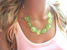 Load image into Gallery viewer, Lime Green Statement Necklace & Earring set, lime jewelry, Your Choice of GOLD or SILVER, lime bib chunky necklace, lime green jewelry