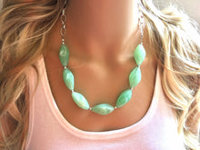 Load image into Gallery viewer, Creamy mint green Statement Necklace & Earrings, mint green jewelry, Your Choice GOLD or SILVER, green bib chunky necklace, green necklace