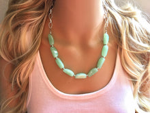 Load image into Gallery viewer, Creamy mint green Statement Necklace & Earrings, mint green jewelry, Your Choice GOLD or SILVER, green bib chunky necklace, green necklace
