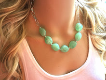 Load image into Gallery viewer, Creamy mint green Statement Necklace & Earrings, mint green jewelry, Your Choice GOLD or SILVER, green bib chunky necklace, green necklace