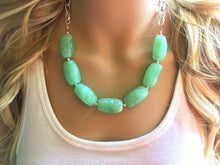 Load image into Gallery viewer, Creamy mint green Statement Necklace & Earrings, mint green jewelry, Your Choice GOLD or SILVER, green bib chunky necklace, green necklace