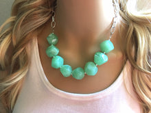 Load image into Gallery viewer, Creamy mint green Statement Necklace & Earrings, mint green jewelry, Your Choice GOLD or SILVER, green bib chunky necklace, green necklace