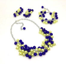 Load image into Gallery viewer, Royal Blue + Yellow 3 Piece Jewelry Set - Necklace, Earrings, Bracelet, Wedding Bridesmaid Pearl cluster, blue and yellow, michigan jewelry
