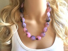 Load image into Gallery viewer, Brown & Pink Single Strand Big Beaded Statement Necklace, pink Jewelry set, pink earrings, pink beaded necklace, bridesmaid necklace