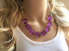 Load image into Gallery viewer, Purple Statement Necklace & Earring set, purple jewelry, Your Choice of GOLD or SILVER, purple bib chunky necklace, purple earrings
