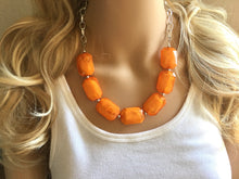 Load image into Gallery viewer, Orange Statement Necklace & Earring set, orange jewelry, Your Choice of GOLD or SILVER, orange bib chunky necklace, orange oval jewelry