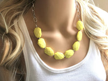 Load image into Gallery viewer, Yellow Statement Necklace & Earrings, yellow jewelry, Your Choice GOLD or SILVER, yellow bib chunky necklace, yellow oval necklace