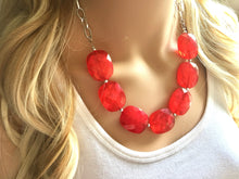 Load image into Gallery viewer, Cherry Red Statement Necklace & Earrings, red jewelry, Your Choice GOLD or SILVER, red bib chunky necklace, bright red necklace resin lucite