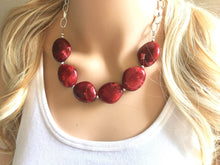 Load image into Gallery viewer, Creamy Red Statement Necklace & Earrings, red jewelry, Your Choice GOLD or SILVER, red bib chunky necklace, deep scarlett red necklace