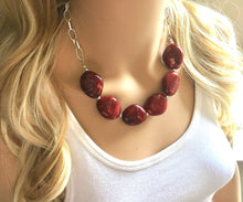 Load image into Gallery viewer, Creamy Red Statement Necklace & Earrings, red jewelry, Your Choice GOLD or SILVER, red bib chunky necklace, deep scarlett red necklace