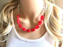 Load image into Gallery viewer, Cherry Red Statement Necklace & Earrings, red jewelry, Your Choice GOLD or SILVER, red bib chunky necklace, bright red necklace resin lucite