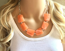 Load image into Gallery viewer, Creamy Orange Statement Necklace & Earring set, orange jewelry, Your Choice of GOLD or SILVER, orange bib chunky necklace, orange jewelry