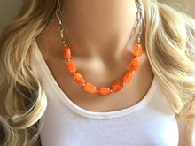 Load image into Gallery viewer, Bright Orange Statement Necklace & Earring set, orange jewelry, Your Choice of GOLD or SILVER, orange bib chunky necklace, Florida jewelry