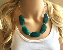 Load image into Gallery viewer, Emerald green Statement Necklace & Earrings, emerald green jewelry, Your Choice GOLD or SILVER, dark deep green bib chunky necklace forest