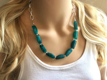 Load image into Gallery viewer, Emerald green Statement Necklace & Earrings, emerald green jewelry, Your Choice GOLD or SILVER, dark deep green bib chunky necklace forest