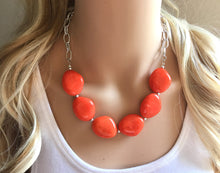 Load image into Gallery viewer, Orange Statement Necklace & earring set, orange jewelry, Your Choice GOLD or SILVER, orange bib chunky necklace, bright orange round necklac