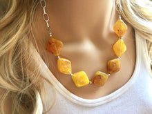 Load image into Gallery viewer, Yellow Statement Necklace & Earrings, yellow jewelry, Your Choice GOLD or SILVER, yellow bib chunky necklace, yellow oval necklace