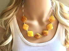 Load image into Gallery viewer, Yellow Statement Necklace & Earrings, yellow jewelry, Your Choice GOLD or SILVER, yellow bib chunky necklace, yellow oval necklace