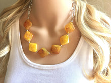 Load image into Gallery viewer, Yellow Statement Necklace & Earrings, yellow jewelry, Your Choice GOLD or SILVER, yellow bib chunky necklace, yellow oval necklace