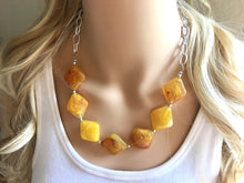 Load image into Gallery viewer, Yellow Statement Necklace & Earrings, yellow jewelry, Your Choice GOLD or SILVER, yellow bib chunky necklace, yellow oval necklace